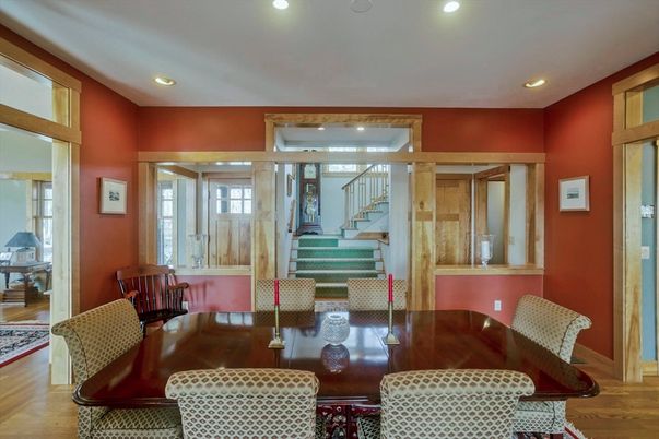 Dining room, Interior, Recessed Lighting, Wood Texture Flooring