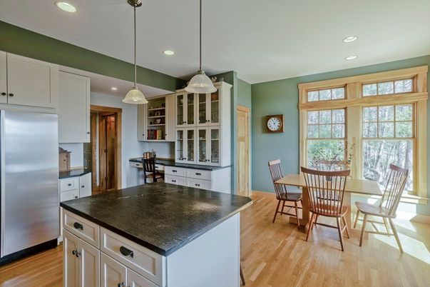 Dining room, Interior, Kitchen, Pendant Lights, Recessed Lighting, Wood Texture Flooring