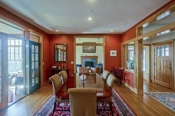 Dining room, Fireplace, Interior, Recessed Lighting, Wood Texture Flooring