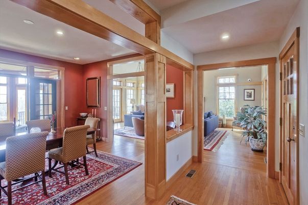 Dining room, Interior, Living room, Recessed Lighting, Wood Texture Flooring