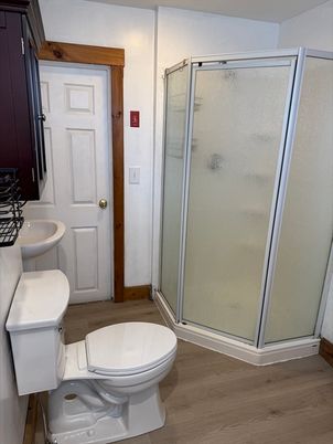 Bathroom, Glass Shower, Interior, Wood Texture Flooring