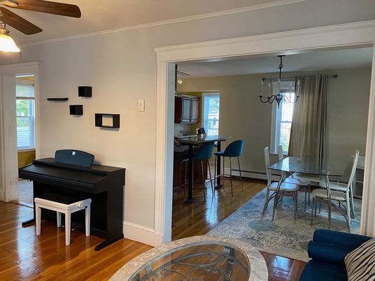 Dining room, Interior, Pendant Lights, Piano, Wood Texture Flooring