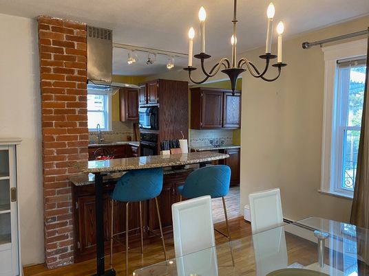 Chandelier, Dining room, Interior, Kitchen, Stone Walls, Wood Texture Flooring