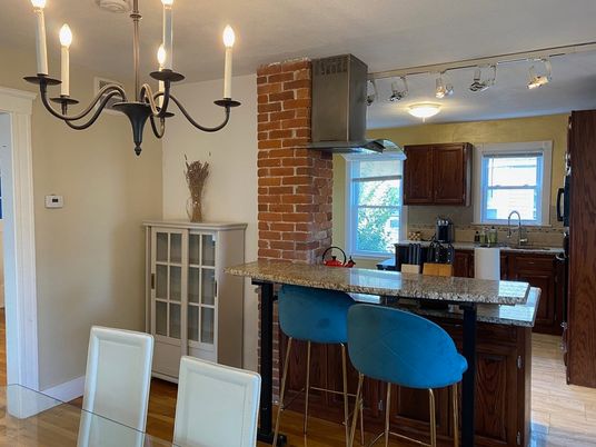 Chandelier, Interior, Kitchen, Stone Walls, Wood Texture Flooring