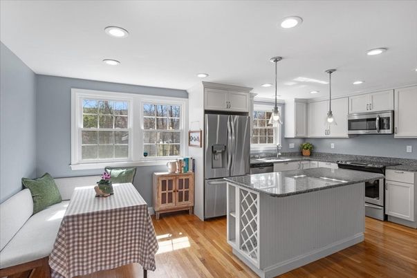 Interior, Kitchen, Pendant Lights, Recessed Lighting, Stainless Steel Appliances, Wood Texture Flooring