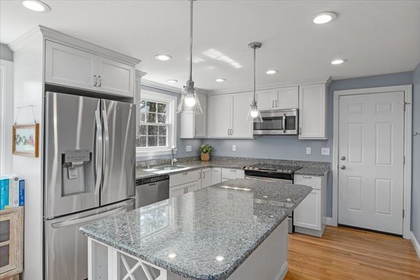 Interior, Kitchen, Pendant Lights, Recessed Lighting, Stainless Steel Appliances, Wood Texture Flooring