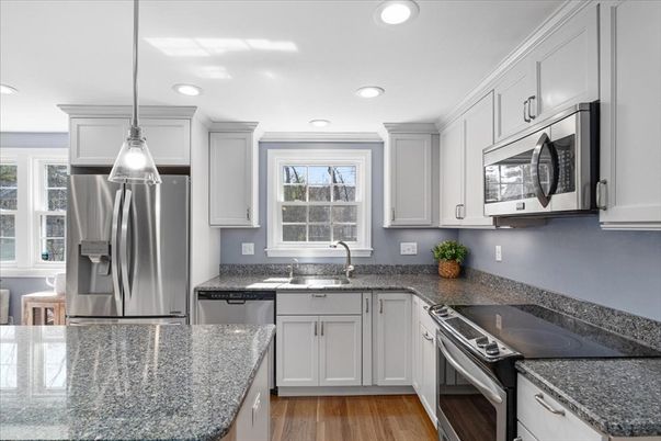 Interior, Kitchen, Pendant Lights, Recessed Lighting, Stainless Steel Appliances, Wood Texture Flooring