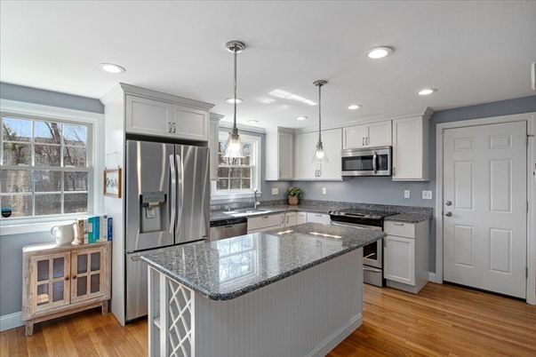Interior, Kitchen, Pendant Lights, Recessed Lighting, Stainless Steel Appliances, Wood Texture Flooring