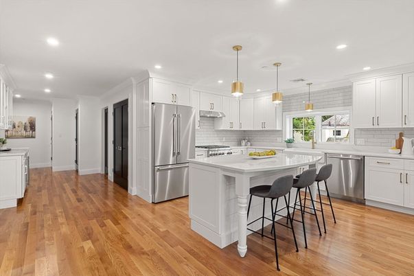 Interior, Kitchen, Pendant Lights, Recessed Lighting, Stainless Steel Appliances, Wood Texture Flooring