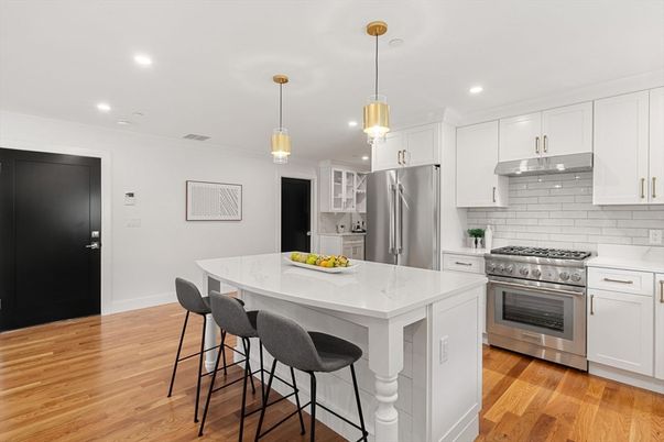 Interior, Kitchen, Pendant Lights, Recessed Lighting, Stainless Steel Appliances, Wood Texture Flooring