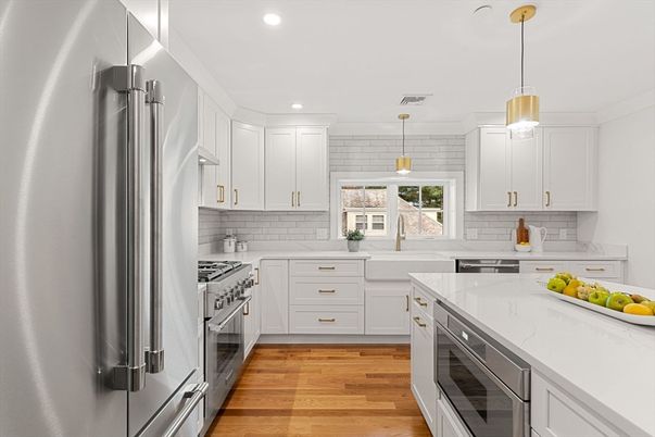 Interior, Kitchen, Pendant Lights, Recessed Lighting, Stainless Steel Appliances, Wood Texture Flooring