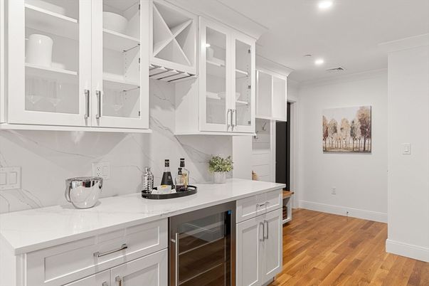 Interior, Kitchen, Marble Walls, Recessed Lighting, Wood Texture Flooring