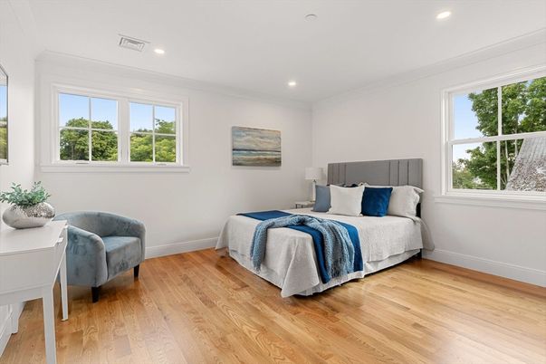 Bedroom, Interior, Recessed Lighting, Wood Texture Flooring