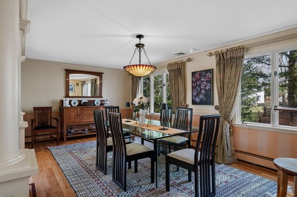 Dining room, Interior, Pendant Lights, Wood Texture Flooring