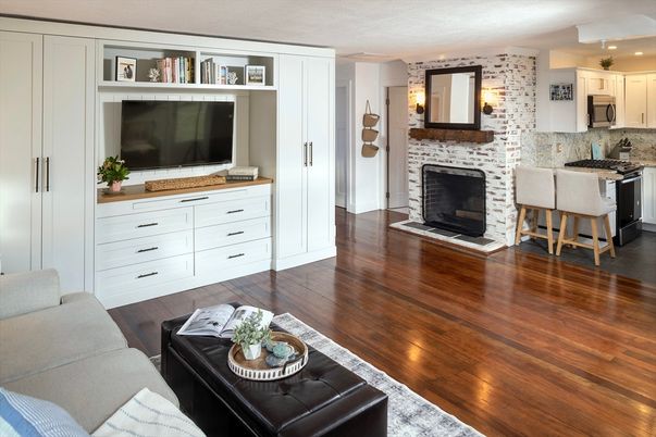 Fireplace, Interior, Kitchen, Living room, Wood Texture Flooring