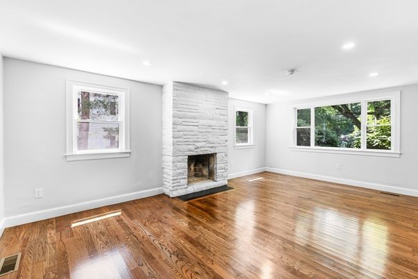 Empty room, Fireplace, Interior, Recessed Lighting, Wood Texture Flooring