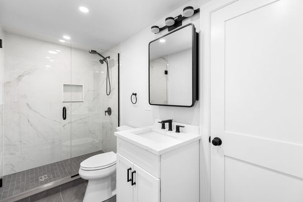Bathroom, Glass Shower, Interior, Marble Walls, Recessed Lighting