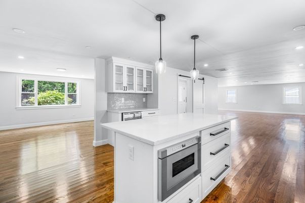 Interior, Kitchen, Pendant Lights, Recessed Lighting, Wood Texture Flooring