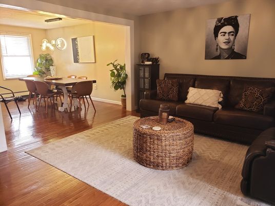 Dining room, Interior, Living room, Pendant Lights, Wood Texture Flooring