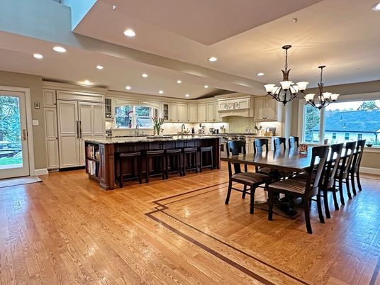 Chandelier, Dining room, Interior, Kitchen, Recessed Lighting, Stainless Steel Appliances, Wood Texture Flooring
