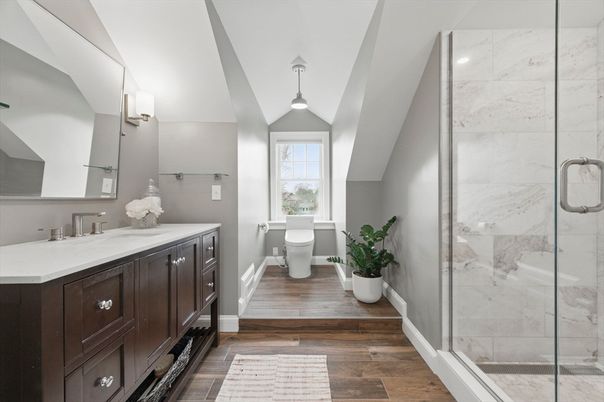 Bathroom, Glass Shower, Interior, Marble Walls, Pendant Lights, Wood Texture Flooring
