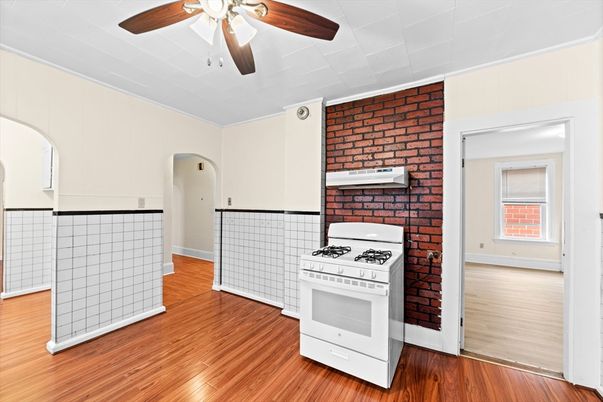 Empty room, Interior, Kitchen, Stone Walls, Wood Texture Flooring