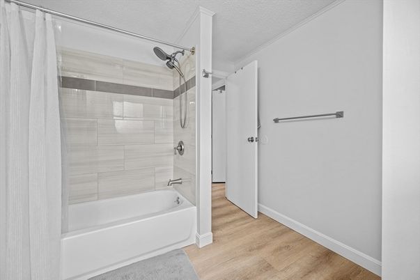 Bathroom, Glass Shower, Interior, Wood Texture Flooring
