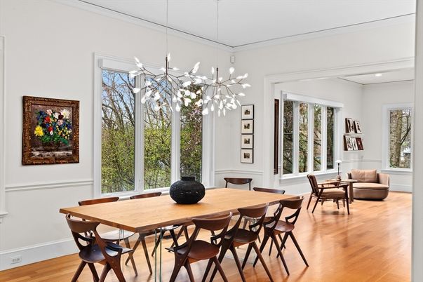 Dining room, Interior, Pendant Lights, Wood Texture Flooring