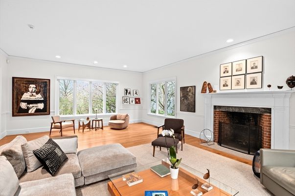 Dining room, Fireplace, Interior, Living room, Recessed Lighting, Wood Texture Flooring