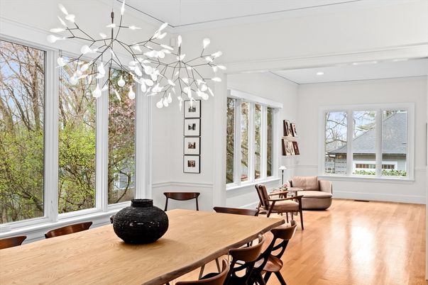 Dining room, Interior, Pendant Lights, Recessed Lighting, Wood Texture Flooring