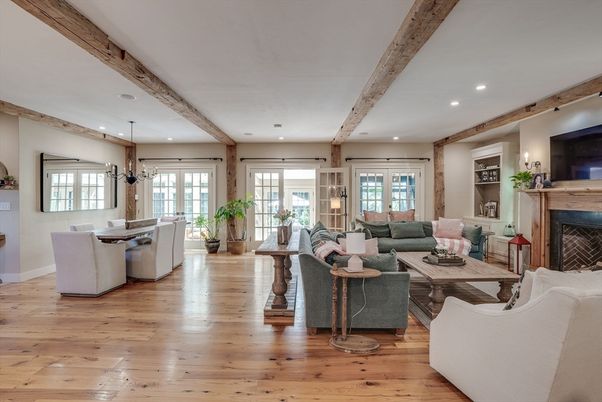 Dining room, Fireplace, Interior, Living room, Pendant Lights, Recessed Lighting, Wooden Beams, Wood Texture Flooring