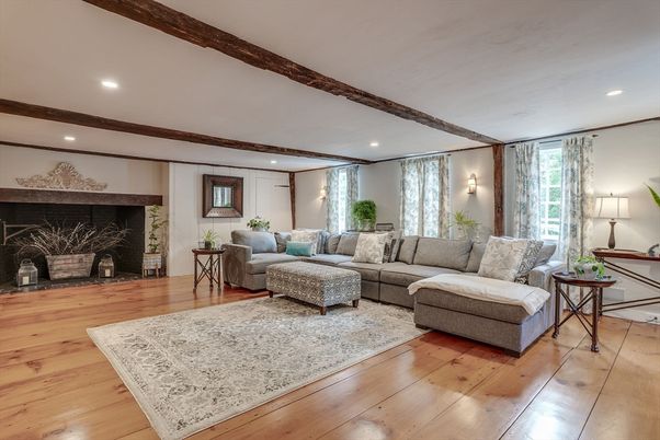 Fireplace, Interior, Living room, Recessed Lighting, Wooden Beams, Wood Texture Flooring