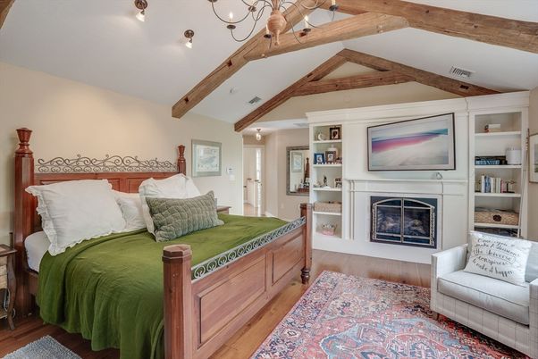 Bedroom, Fireplace, Interior, Wooden Beams, Wood Texture Flooring