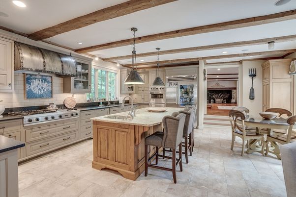Dining room, Interior, Kitchen, Pendant Lights, Recessed Lighting, Stainless Steel Appliances, Wooden Beams