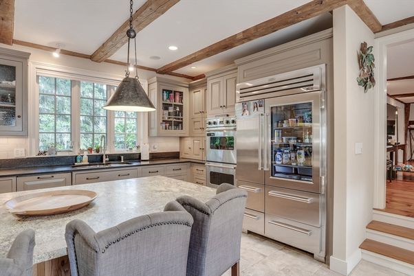 Interior, Kitchen, Pendant Lights, Recessed Lighting, Stainless Steel Appliances, Wooden Beams, Wood Texture Flooring