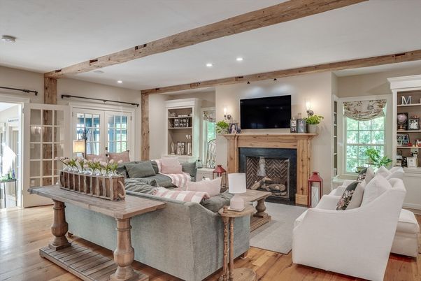Fireplace, Interior, Living room, Recessed Lighting, Wooden Beams, Wood Texture Flooring