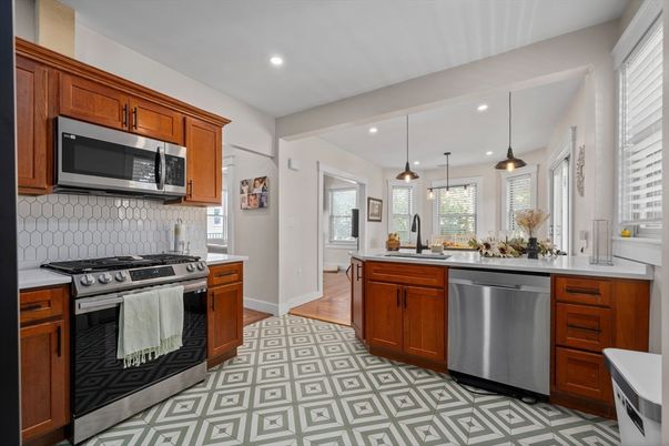 Interior, Kitchen, Pendant Lights, Recessed Lighting, Stainless Steel Appliances, Wood Texture Flooring