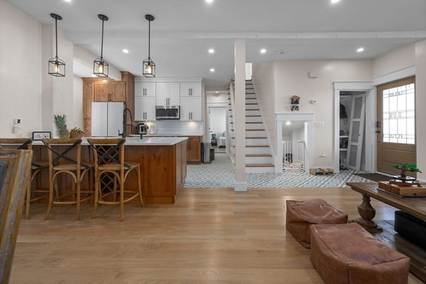 Interior, Kitchen, Pendant Lights, Recessed Lighting, Stainless Steel Appliances, Wood Texture Flooring