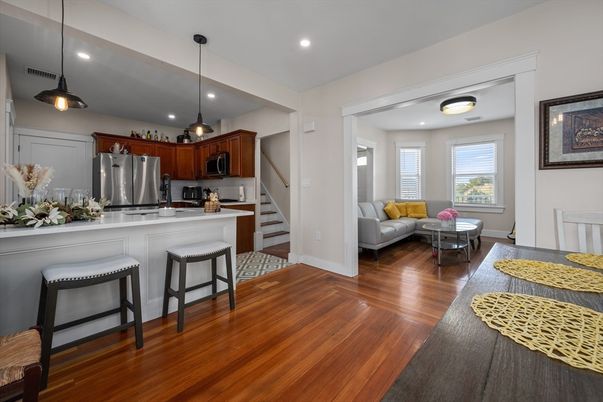 Interior, Kitchen, Living room, Pendant Lights, Recessed Lighting, Stainless Steel Appliances, Wood Texture Flooring