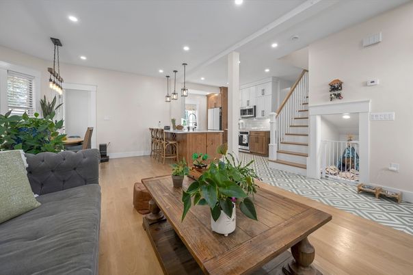 Dining room, Interior, Kitchen, Pendant Lights, Recessed Lighting, Stainless Steel Appliances, Wood Texture Flooring