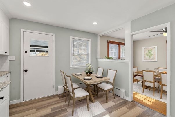 Dining room, Interior, Recessed Lighting, Wood Texture Flooring