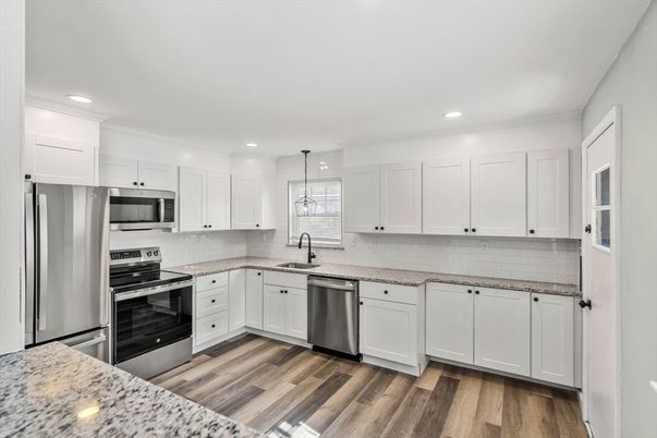 Interior, Kitchen, Pendant Lights, Recessed Lighting, Stainless Steel Appliances, Wood Texture Flooring
