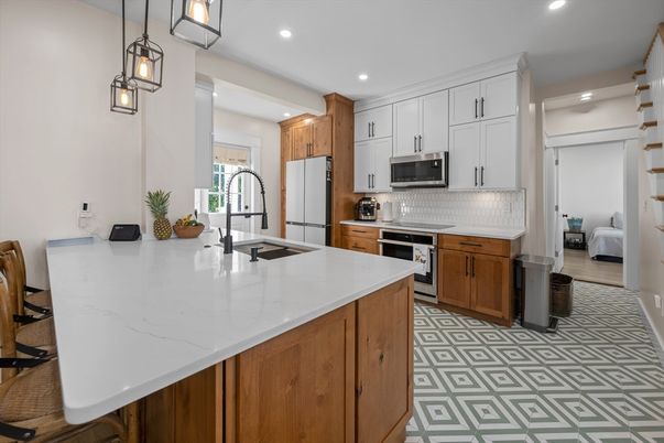 Interior, Kitchen, Pendant Lights, Recessed Lighting, Stainless Steel Appliances, Wood Texture Flooring