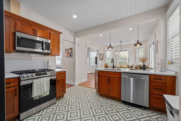 Interior, Kitchen, Pendant Lights, Recessed Lighting, Stainless Steel Appliances, Wood Texture Flooring