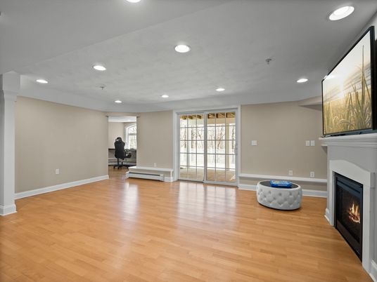 Empty room, Fireplace, Interior, Recessed Lighting, Wood Texture Flooring