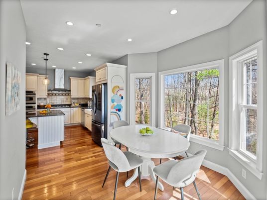 Dining room, Interior, Kitchen, Pendant Lights, Recessed Lighting, Stainless Steel Appliances, Wood Texture Flooring