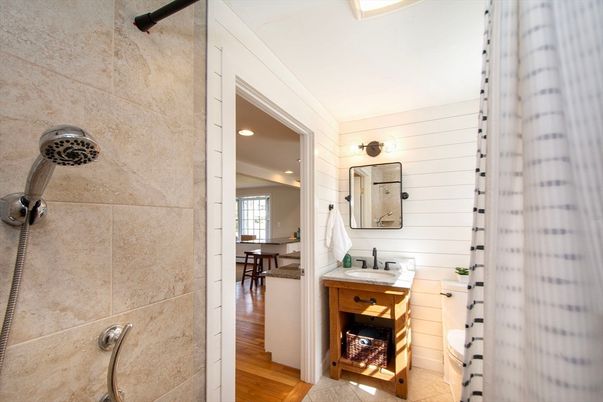 Bathroom, Interior, Recessed Lighting, Wood Texture Flooring