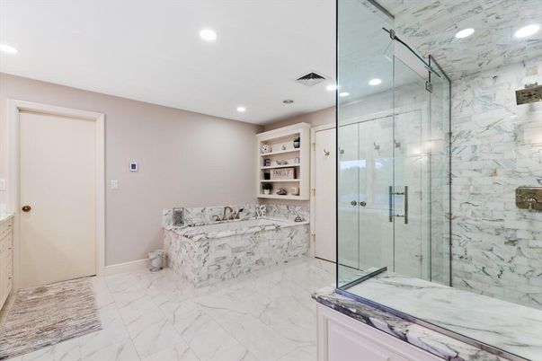 Bathroom, Glass Shower, Interior, Marble, Marble Walls, Recessed Lighting