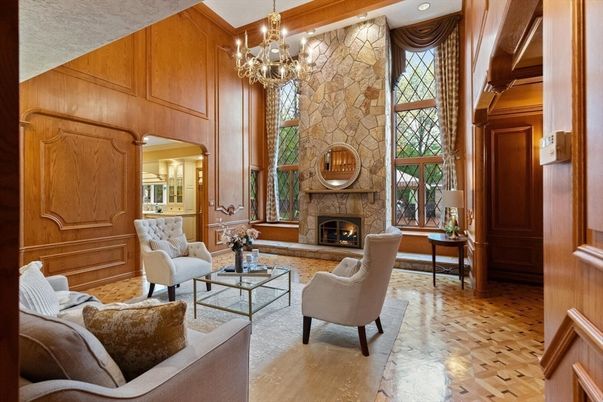 Chandelier, Fireplace, Interior, Living room, Recessed Lighting, Stone Walls, Wooden Walls