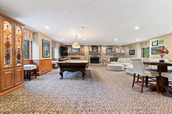 Billiard Table, Dining room, Fireplace, Game Room, Interior, Pendant Lights, Recessed Lighting, Stone Walls